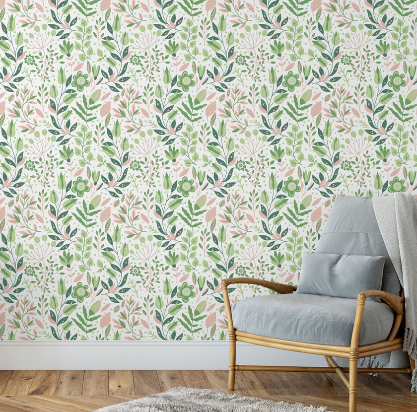 GW4043 Folk Style Art Garden Peel and Stick Wallpaper Roll 19 inch Wide x 18 ft. Long Green Peach Blush