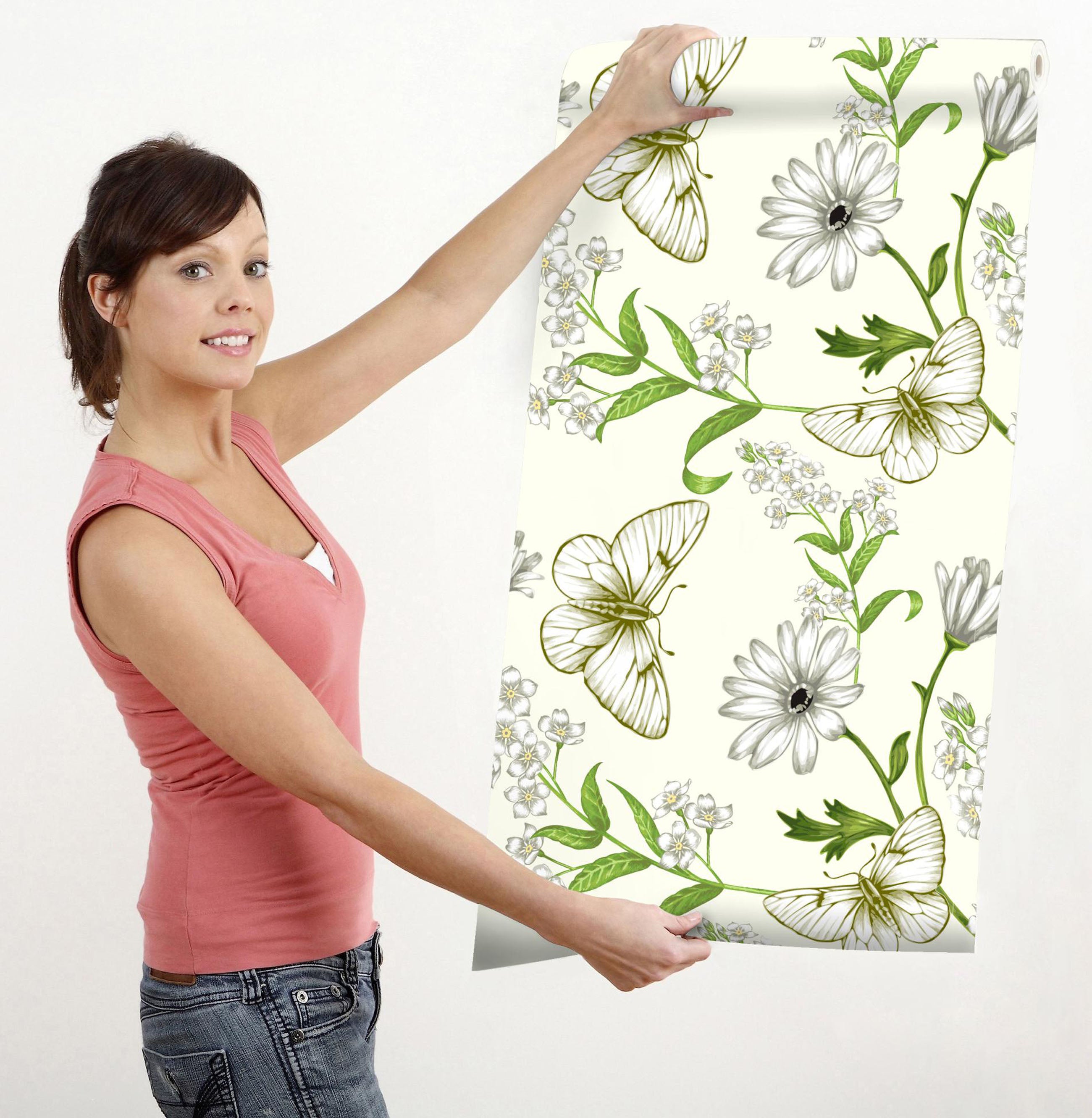 GW4051 Garden and Butterflies Peel & Stick Wallpaper Roll 20.5in W x 18ft L