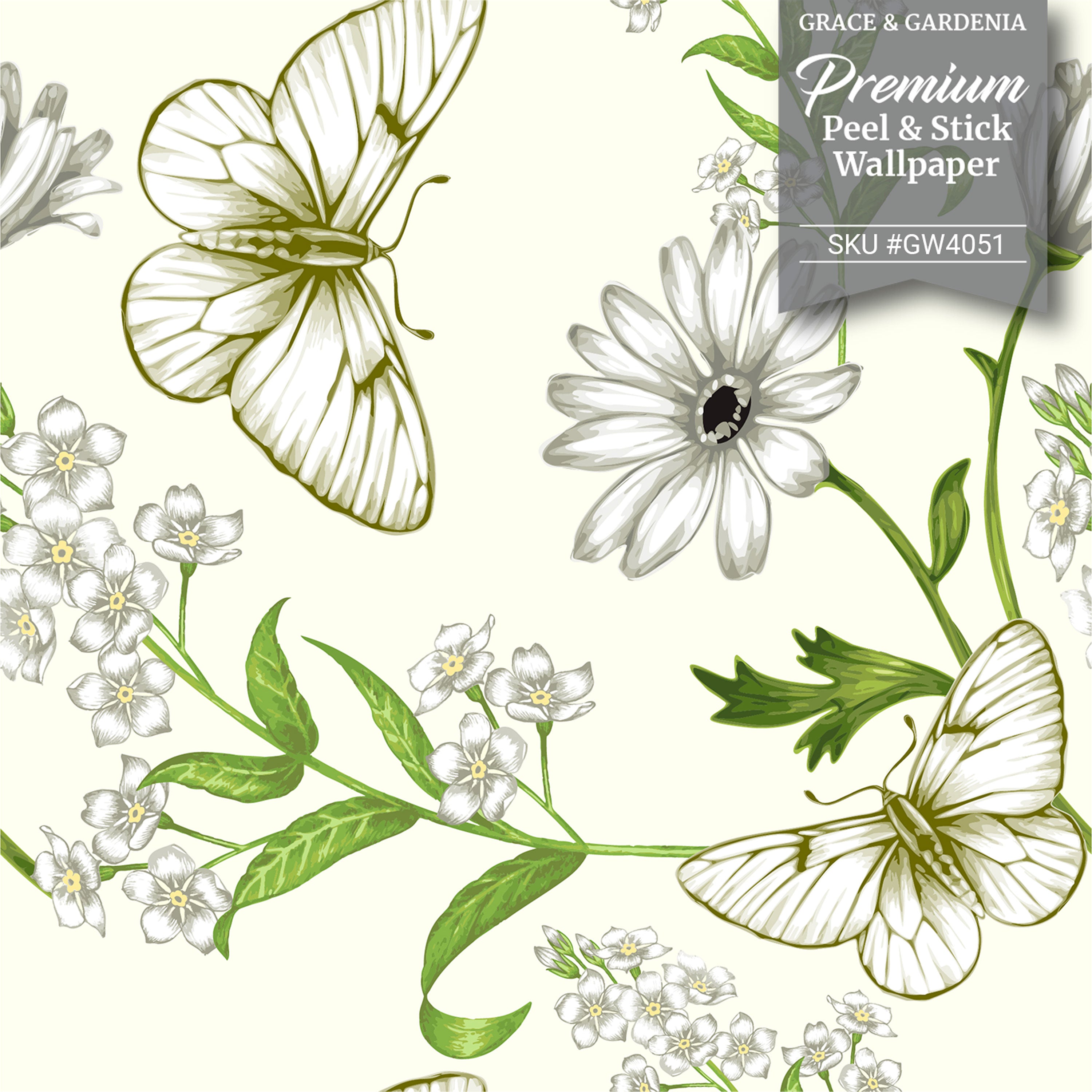 GW4051 Garden and Butterflies Peel & Stick Wallpaper Roll 20.5in W x 18ft L