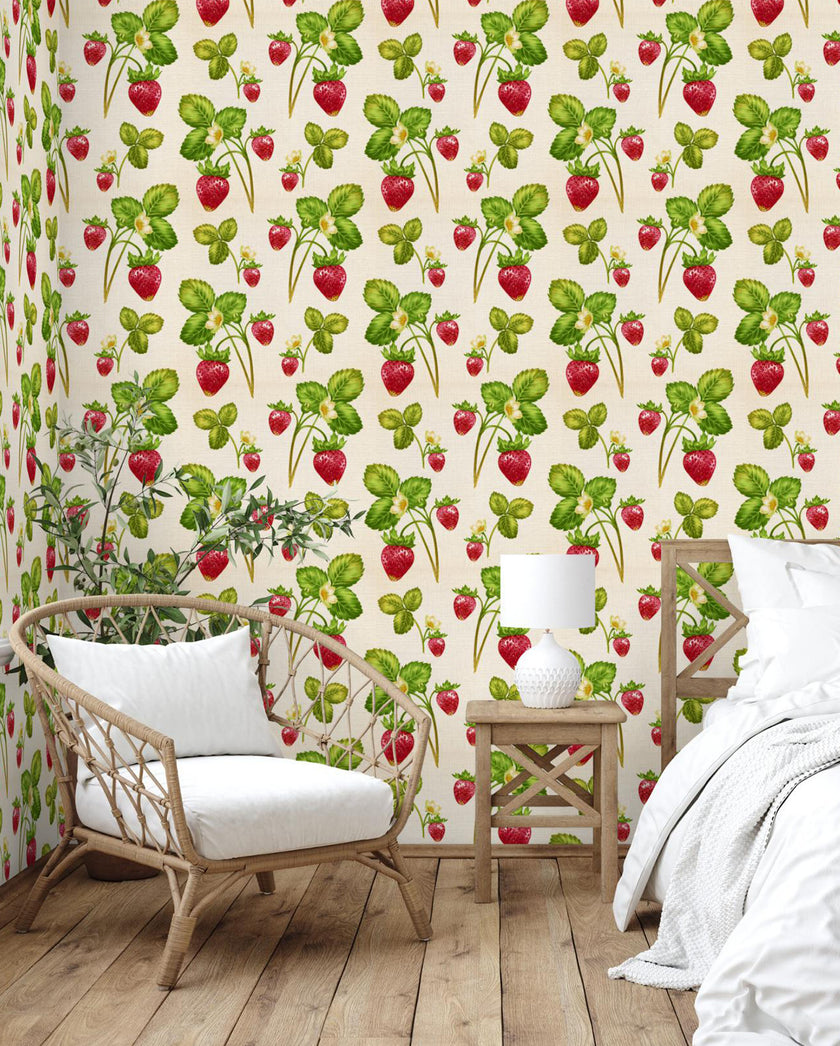 GW4071 Very Berry Strawberry Peel & Stick Wallpaper Roll 19in W x 18ft L Green Red Beige