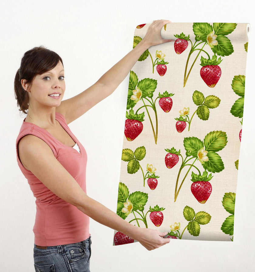 GW4071 Very Berry Strawberry Peel & Stick Wallpaper Roll 19in W x 18ft L Green Red Beige
