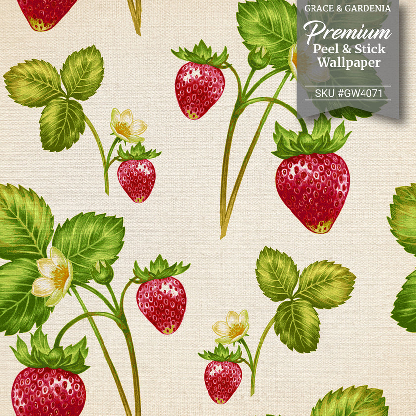 GW4071 Very Berry Strawberry Peel & Stick Wallpaper Roll 19in W x 18ft L Green Red Beige