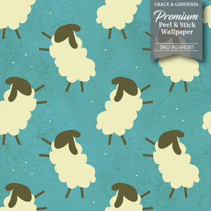 GW4081 Field of Sheep Peel & Stick Wallpaper Roll size 19 inch Wide x 18ft. Long Cream Teal