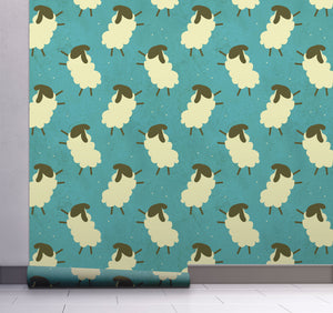 GW4081 Field of Sheep Peel & Stick Wallpaper Roll size 19 inch Wide x 18ft. Long Cream Teal