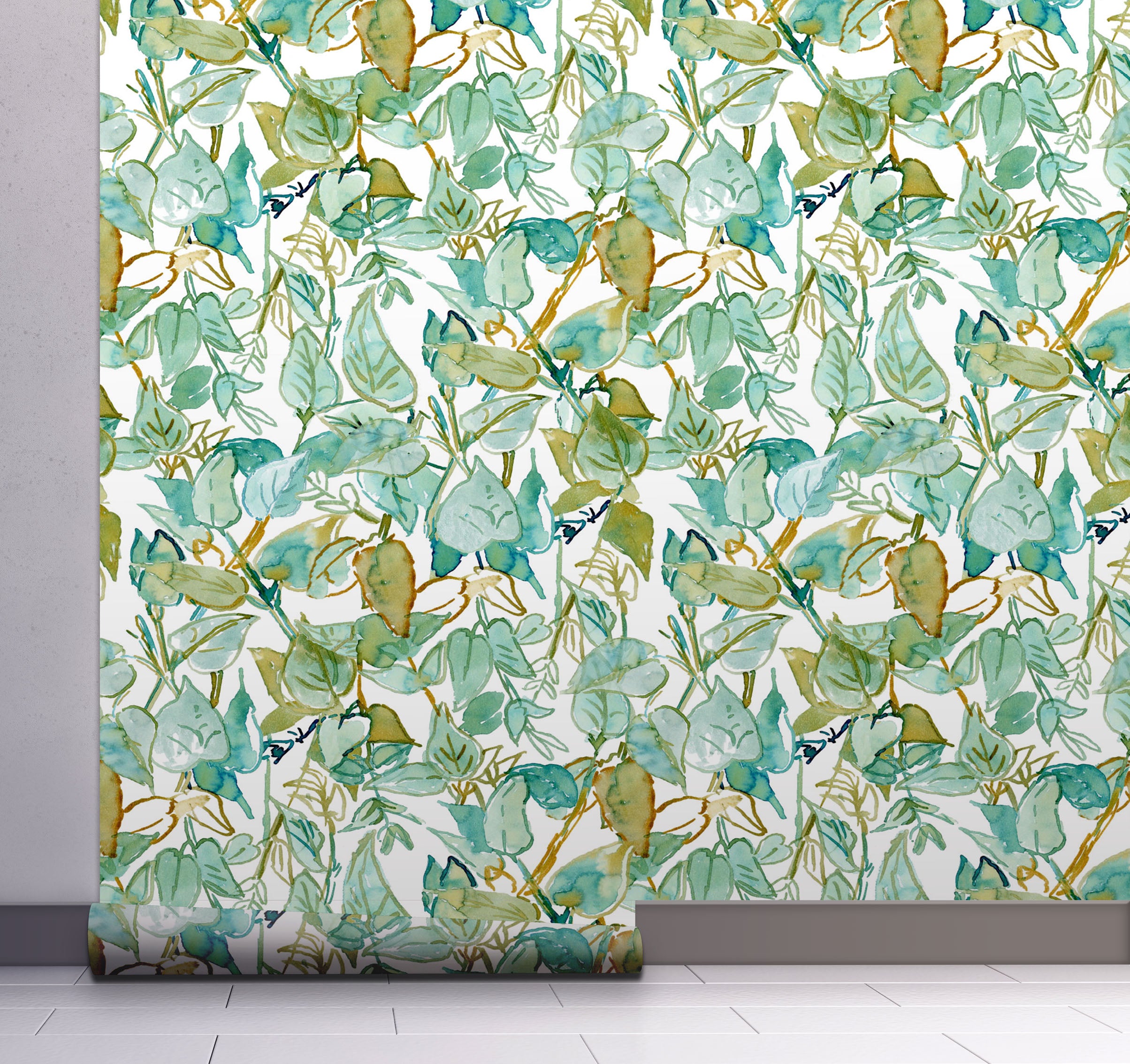 GW5041 Watercolor Leaves Peel and Stick Wallpaper Roll 20.5 inch Wide x 18 ft. Long, Green/White/Brown