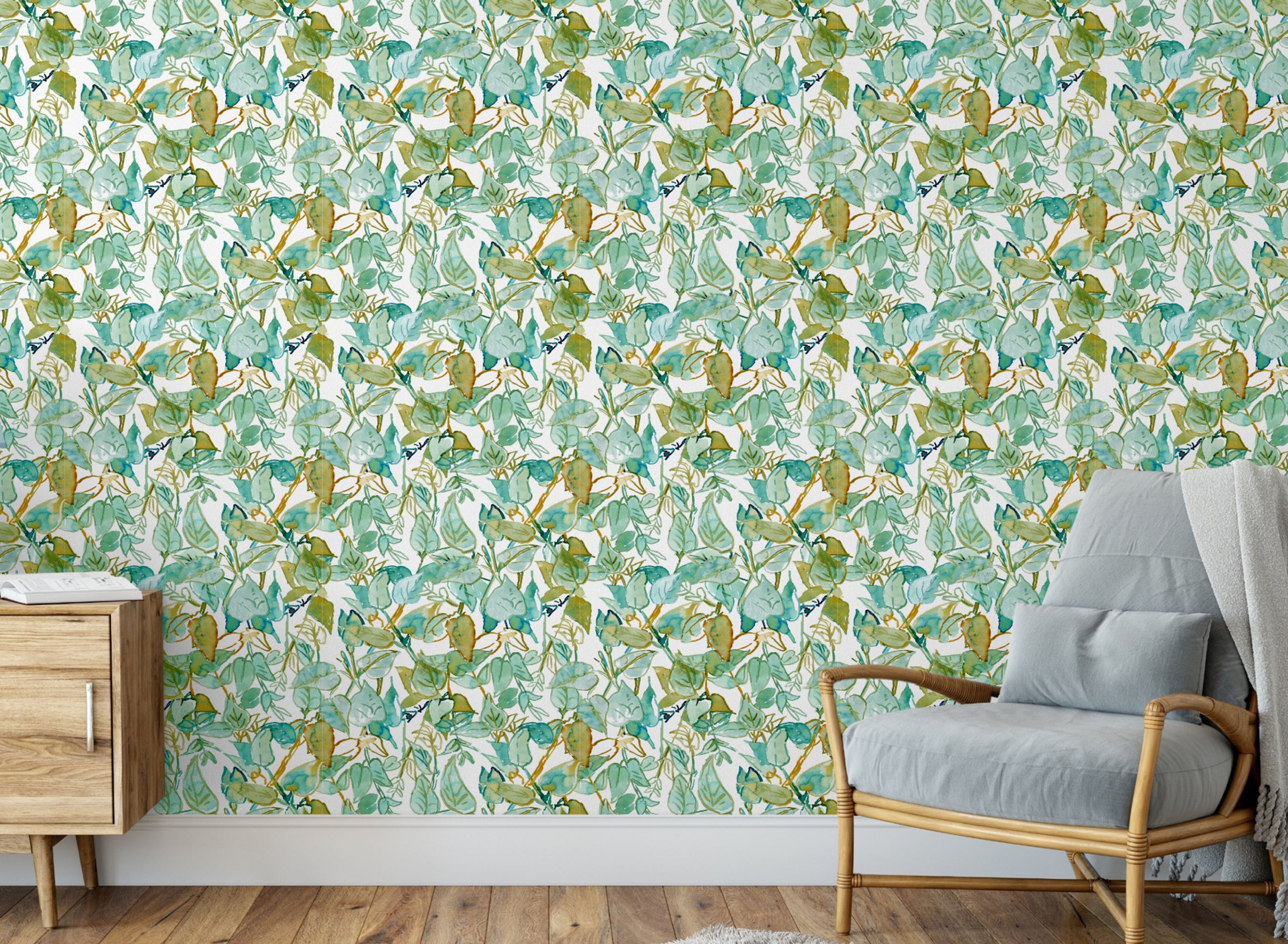 GW5041 Watercolor Leaves Peel and Stick Wallpaper Roll 20.5 inch Wide x 18 ft. Long, Green/White/Brown