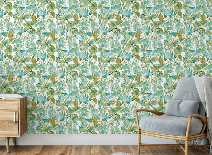 GW5041 Watercolor Leaves Peel and Stick Wallpaper Roll 19 inch Wide x 18 ft. Long Green White Brown