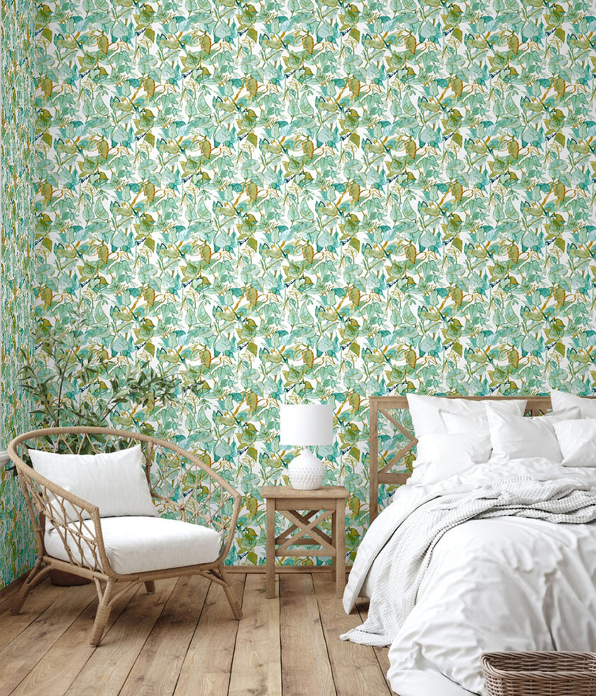 GW5041 Watercolor Leaves Peel and Stick Wallpaper Roll 19 inch Wide x 18 ft. Long Green White Brown
