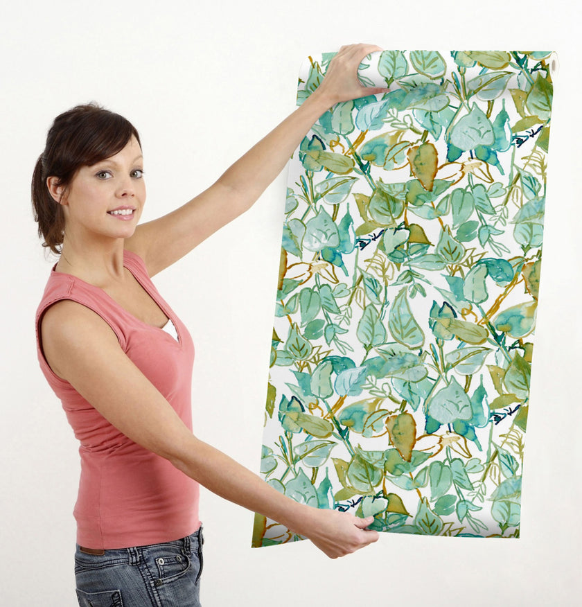 GW5041 Watercolor Leaves Peel and Stick Wallpaper Roll 19 inch Wide x 18 ft. Long Green White Brown