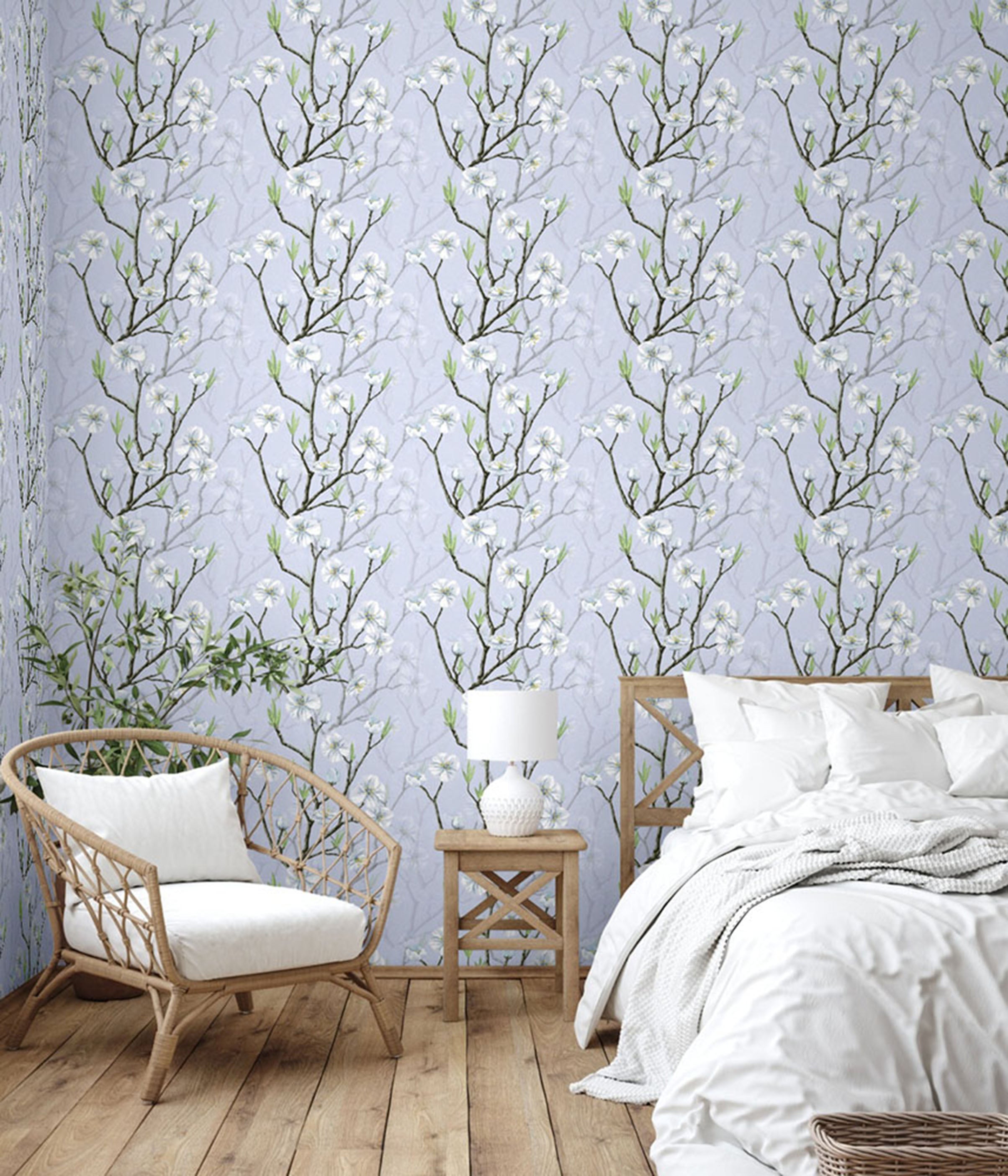 GW5051 Plum Blossoms Peel and Stick Wallpaper Roll 20.5 inch Wide x 18 ft. Long, Light Blue/White/Gray