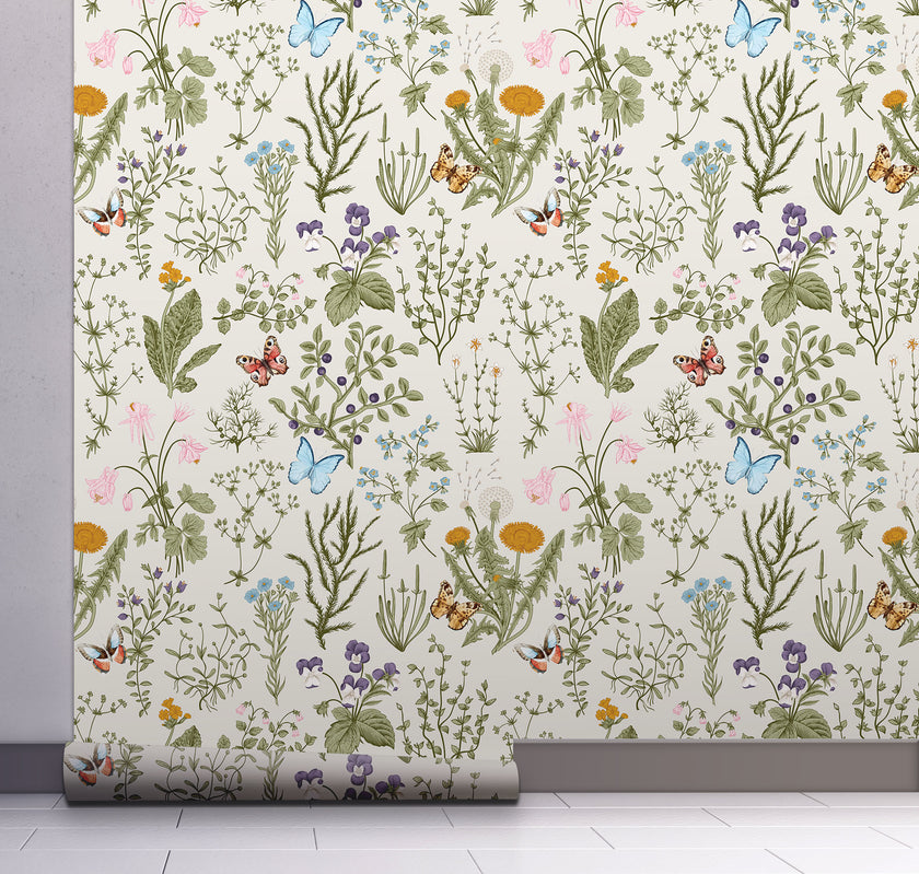 GW5061 Wildflowers and Butterflies Peel and Stick Wallpaper Roll 19 inch Wide x 18 ft. Long, Light Blue Green