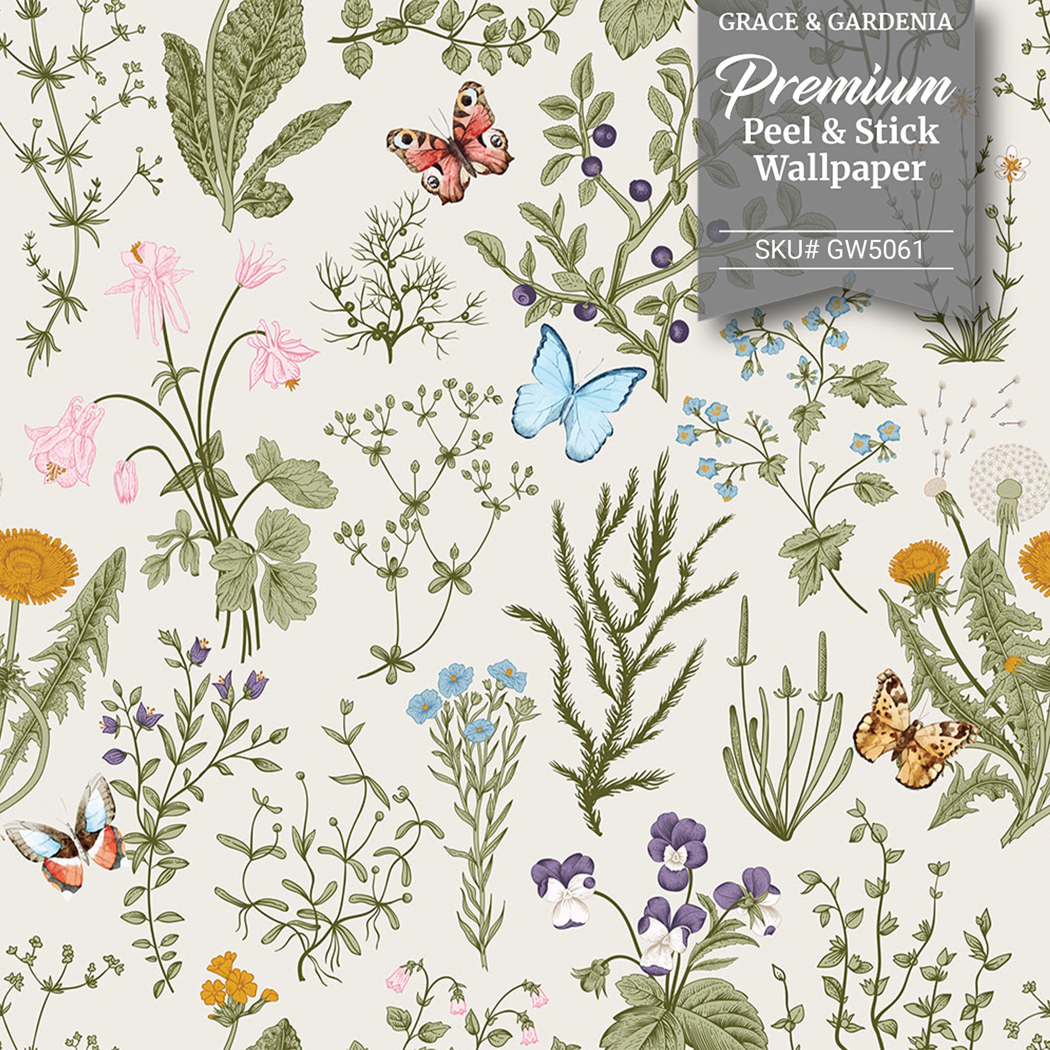 GW5061 Wildflowers and Butterflies Peel and Stick Wallpaper Roll 20.5 inch Wide x 18 ft. Long, Light Blue/Green