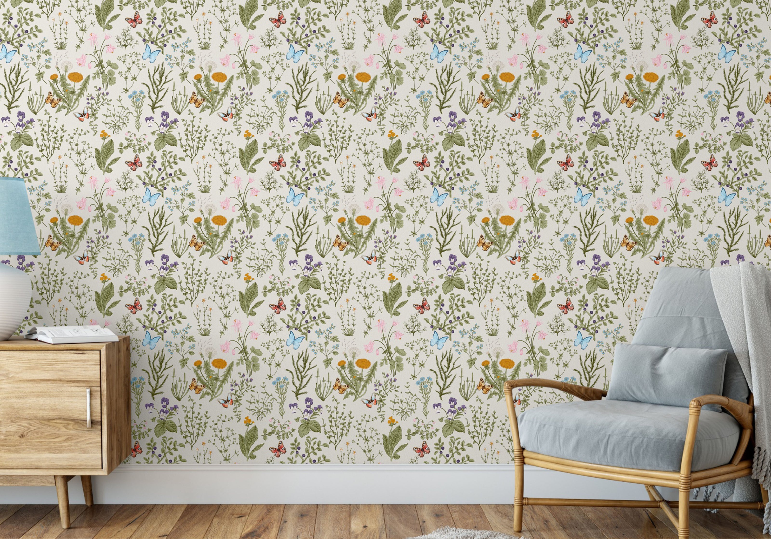 GW5061 Wildflowers and Butterflies Peel and Stick Wallpaper Roll 20.5 inch Wide x 18 ft. Long, Light Blue/Green