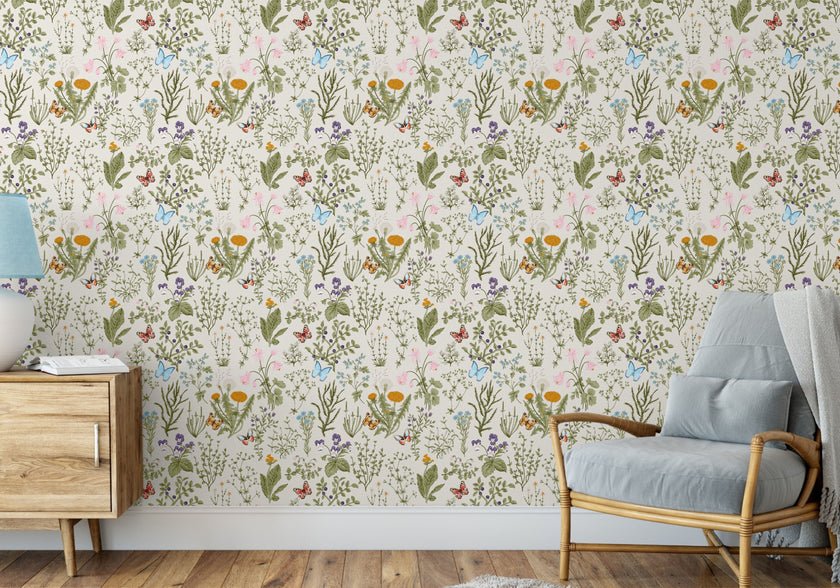 GW5061 Wildflowers and Butterflies Peel and Stick Wallpaper Roll 19 inch Wide x 18 ft. Long, Light Blue Green
