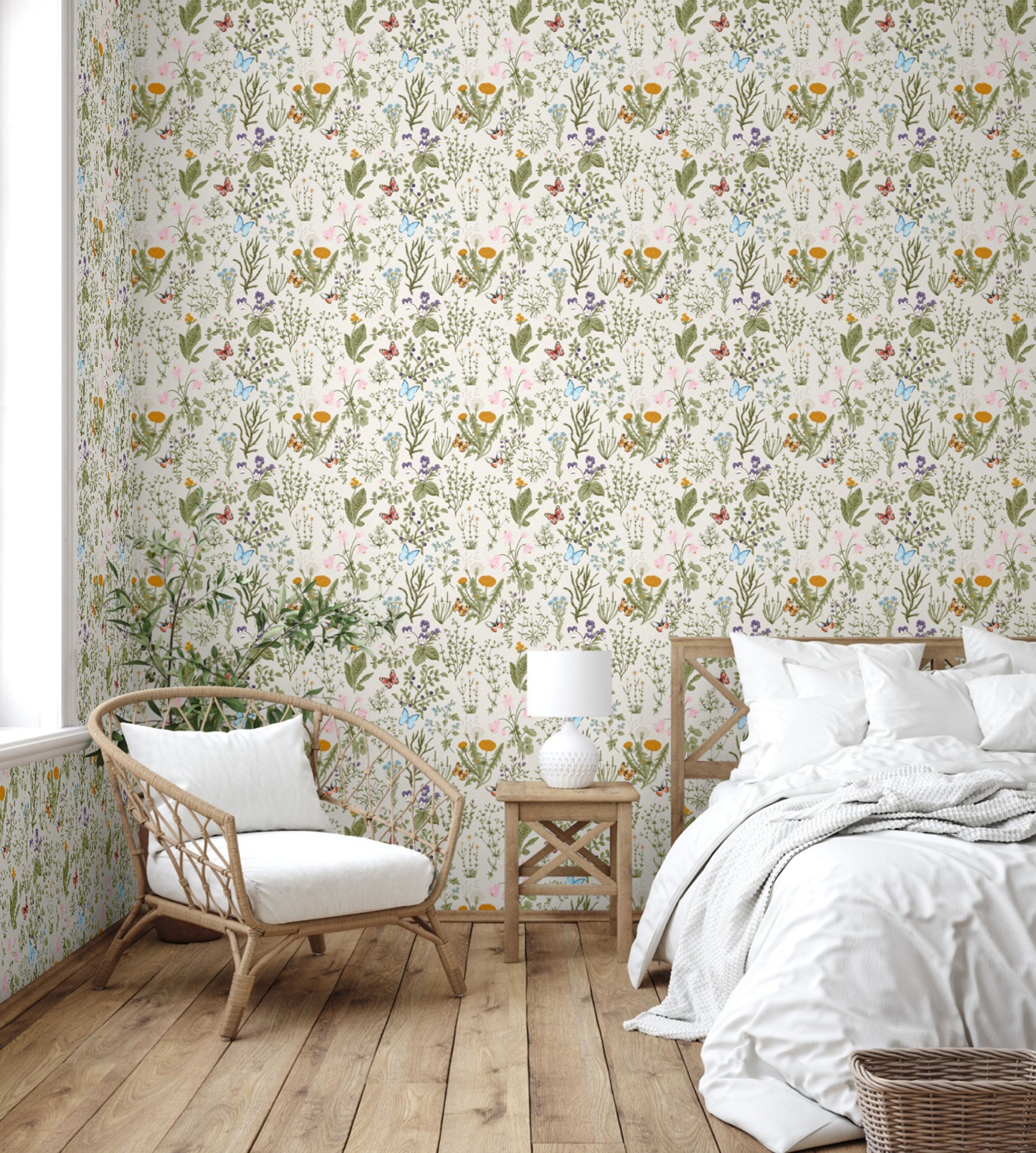 GW5061 Wildflowers and Butterflies Peel and Stick Wallpaper Roll 20.5 inch Wide x 18 ft. Long, Light Blue/Green