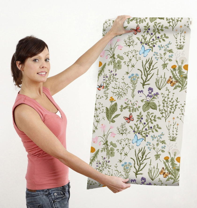 GW5061 Wildflowers and Butterflies Peel and Stick Wallpaper Roll 19 inch Wide x 18 ft. Long, Light Blue Green