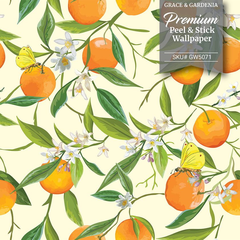 GW5071 Orange Blossoms Peel and Stick Wallpaper Roll 19 inch Wide x 18 ft. Long, Orange Green Yellow