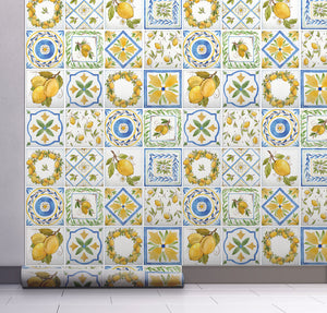 GW5091 Lemon Tile Peel and Stick Wallpaper Roll 19 inch Wide x 18 ft. Long Yellow Green Blue