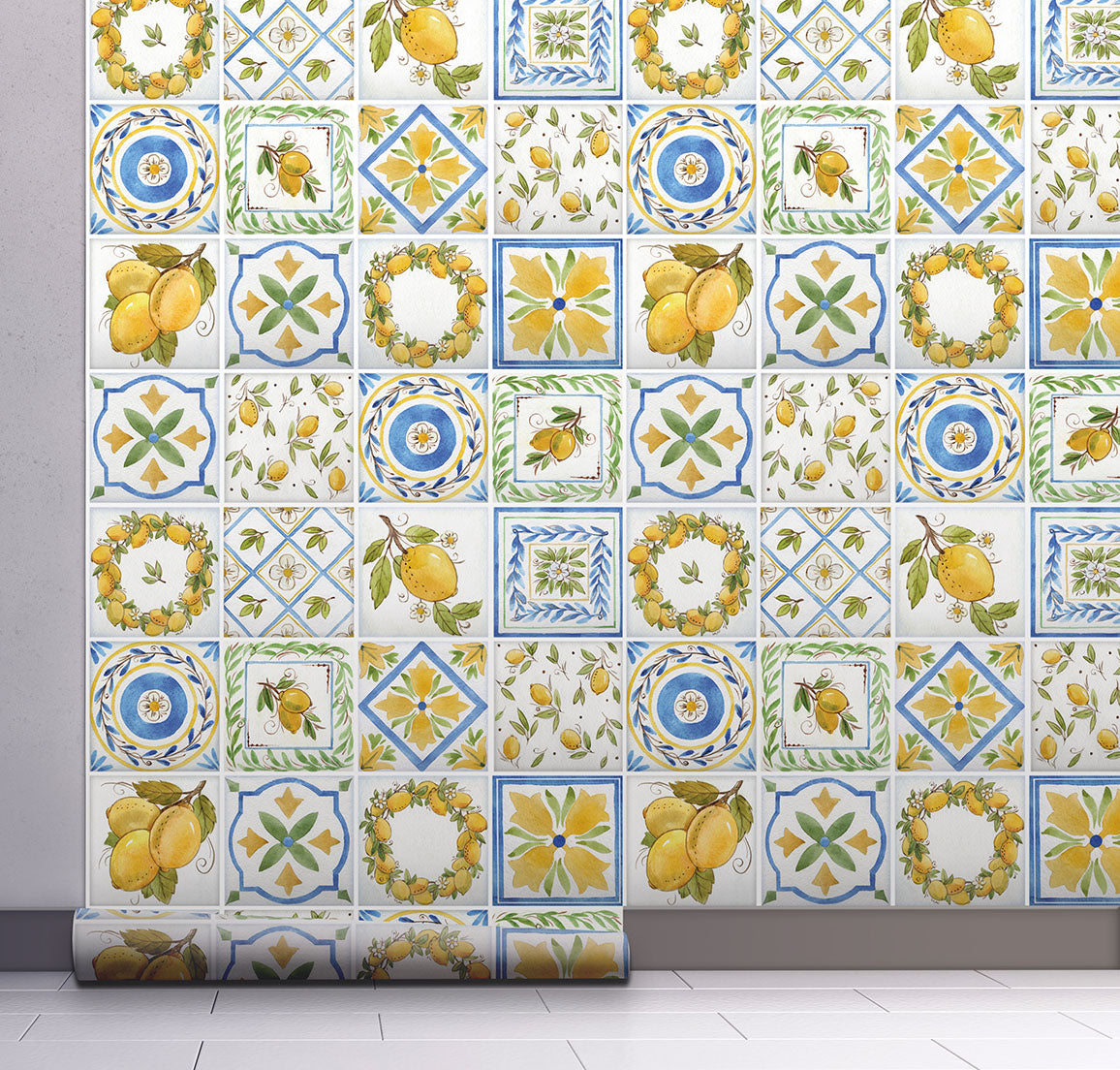 GW5091 Lemon Tile Peel and Stick Wallpaper Roll 20.5 inch Wide x 18 ft. Long, Yellow Green Blue