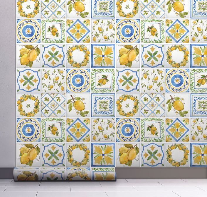 GW5091 Lemon Tile Peel and Stick Wallpaper Roll 19 inch Wide x 18 ft. Long Yellow Green Blue