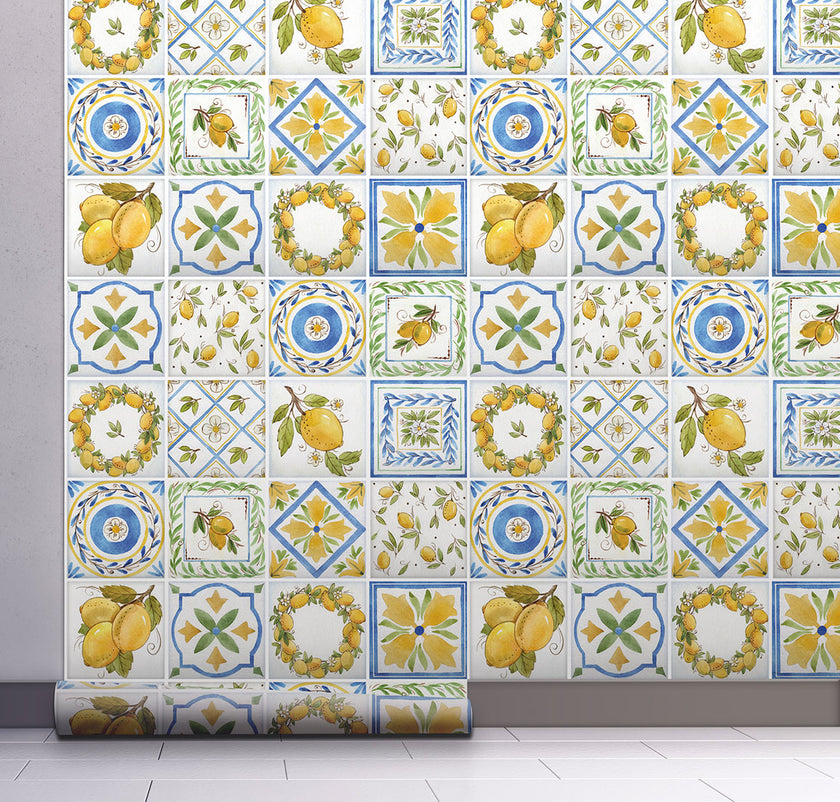 GW5091 Lemon Tile Peel and Stick Wallpaper Roll 19 inch Wide x 18 ft. Long Yellow Green Blue