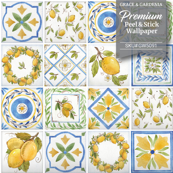 GW5091 Lemon Tile Peel and Stick Wallpaper Roll 19 inch Wide x 18 ft. Long Yellow Green Blue