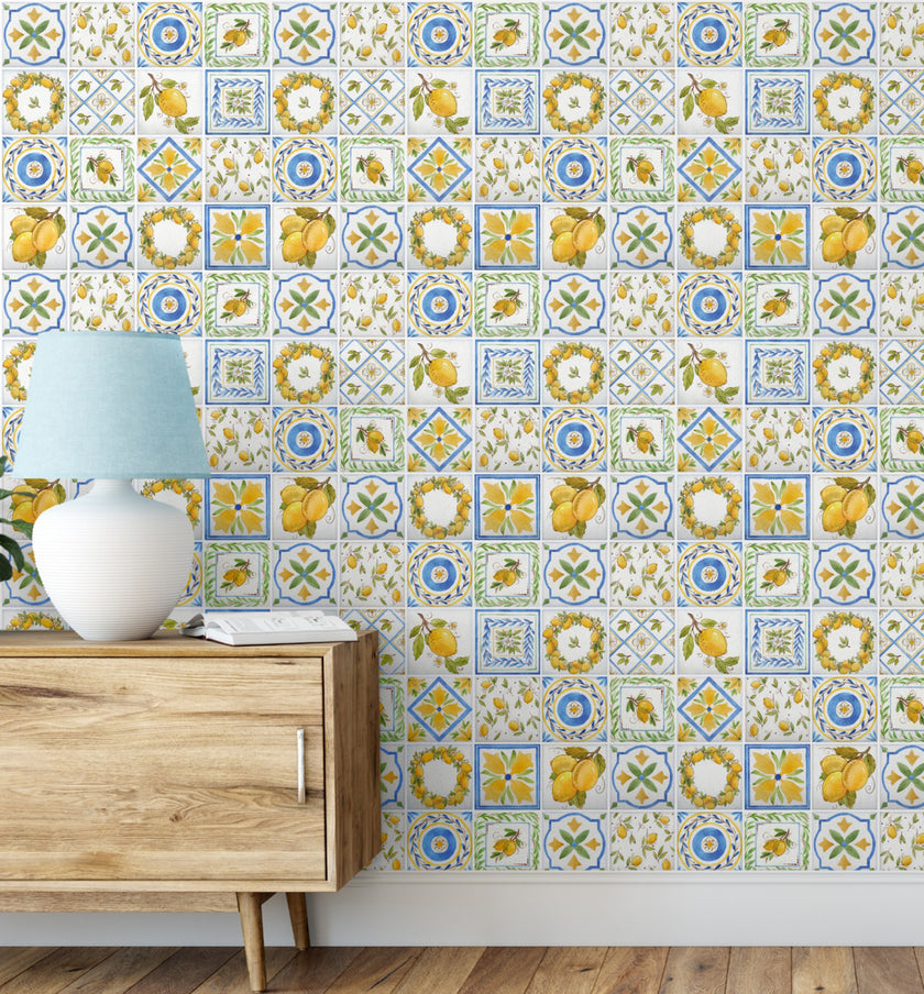 GW5091 Lemon Tile Peel and Stick Wallpaper Roll 19 inch Wide x 18 ft. Long Yellow Green Blue