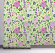 GP5061 Grace & Gardenia Blueberry Floral Garden Peel Premium Paper Wallpaper Pane 26 inch Wide x 12 ft. High, Green Purple Blue Pink