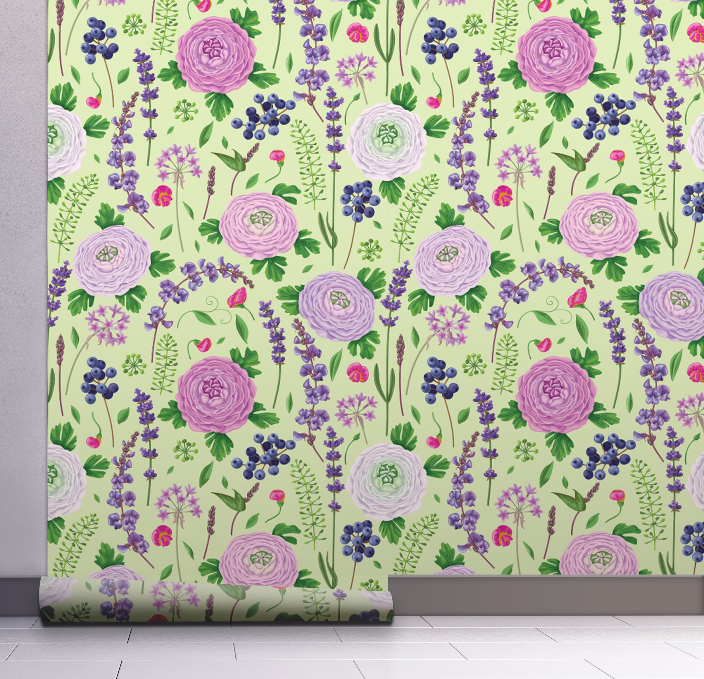 GP5061 Grace & Gardenia Blueberry Floral Garden Peel Premium Paper Wallpaper Pane 26 inch Wide x 12 ft. High, Green Purple Blue Pink