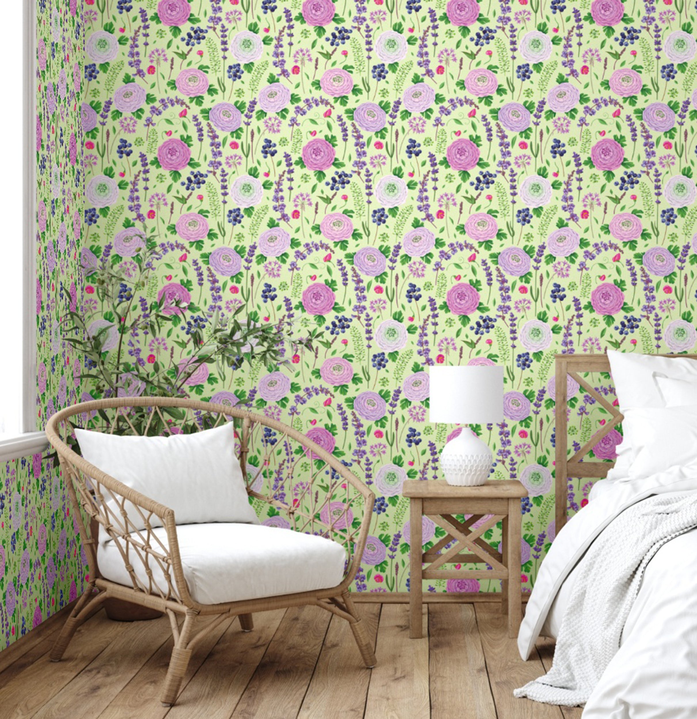 GP5061 Grace & Gardenia Blueberry Floral Garden Peel Premium Paper Wallpaper Pane 26 inch Wide x 12 ft. High, Green Purple Blue Pink