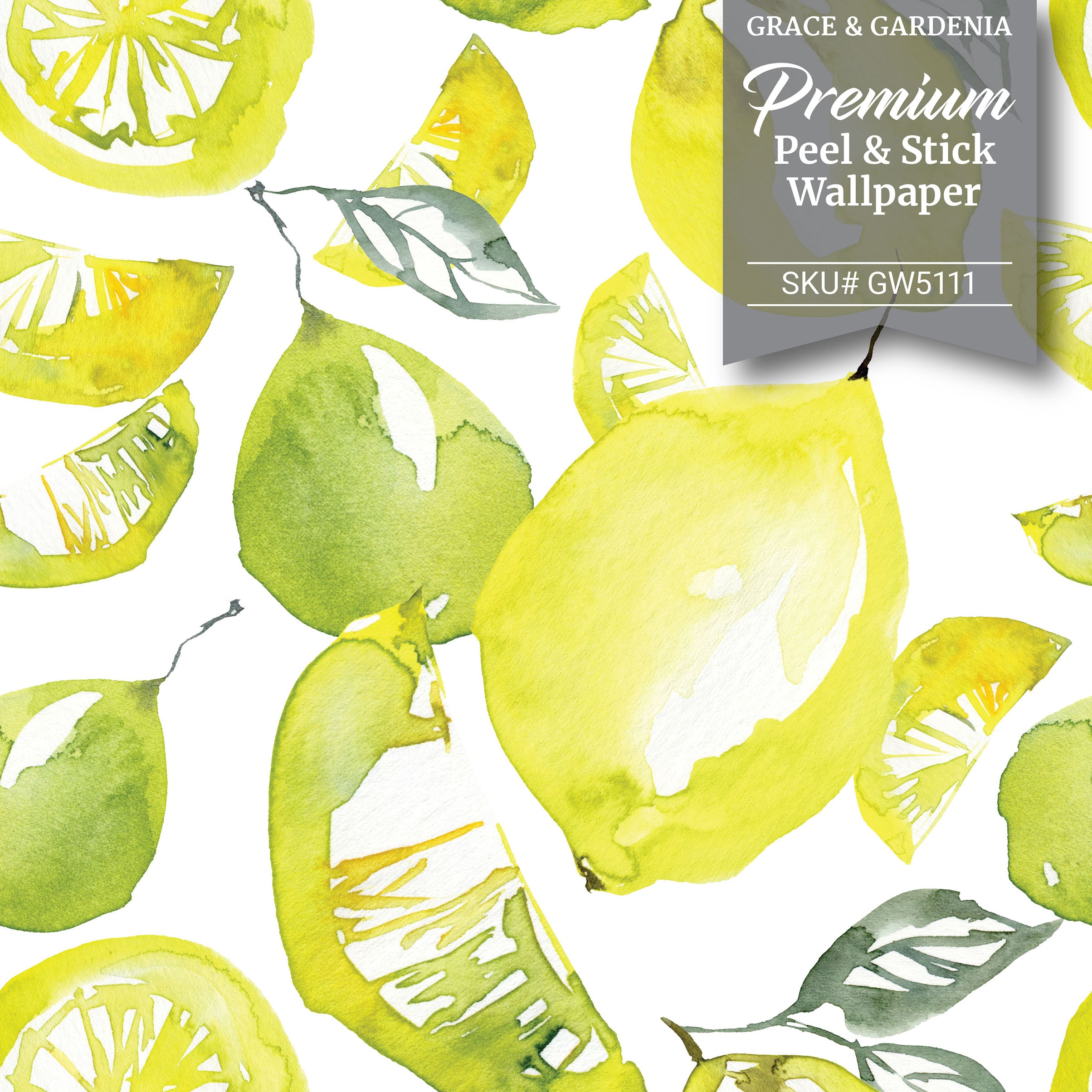 GW5111 Grace & Gardenia Lemon Lime Watercolor Peel and Stick Wallpaper Roll 20.5 inch Wide x 18 ft. Long, Yellow Green White