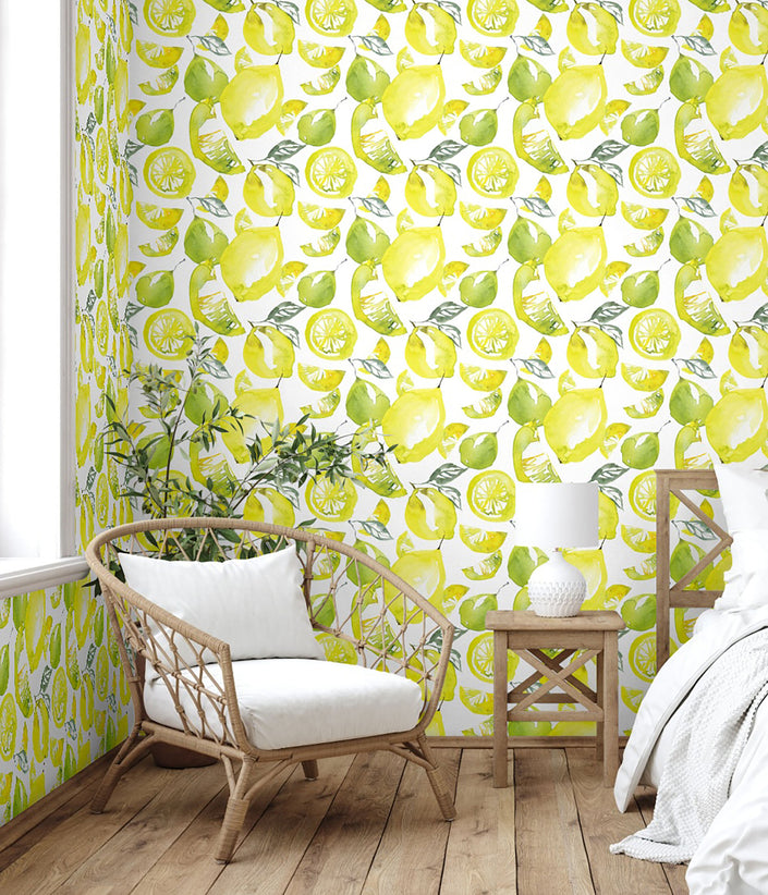 GW5111 Lemon Lime Watercolor Peel and Stick Wallpaper Roll 19 inch Wide x 18 ft. Long, Yellow Green White