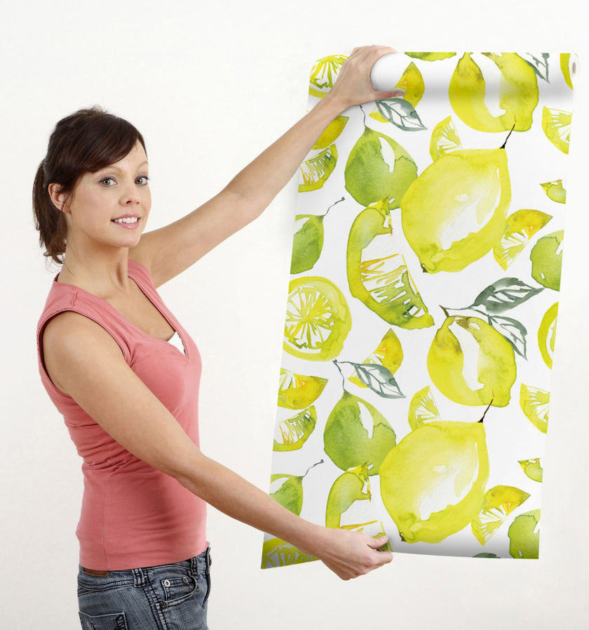 GW5111 Lemon Lime Watercolor Peel and Stick Wallpaper Roll 19 inch Wide x 18 ft. Long, Yellow Green White
