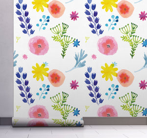 GW5121 Grace & Gardenia Hand Painted Floral Peel and Stick Wallpaper Roll 20.5 inch Wide x 18 ft. Long, Blue Green Yellow White