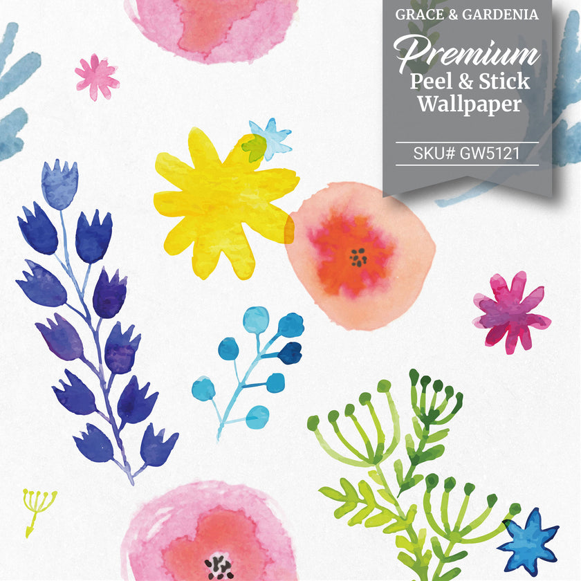 GW5121 Hand Painted Floral Peel and Stick Wallpaper Roll 19 inch Wide x 18 ft. Long Blue Green Yellow White