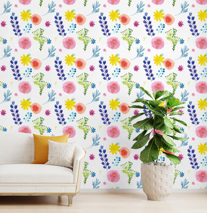 GW5121 Hand Painted Floral Peel and Stick Wallpaper Roll 19 inch Wide x 18 ft. Long Blue Green Yellow White