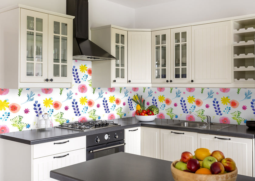 GW5121 Hand Painted Floral Peel and Stick Wallpaper Roll 19 inch Wide x 18 ft. Long Blue Green Yellow White