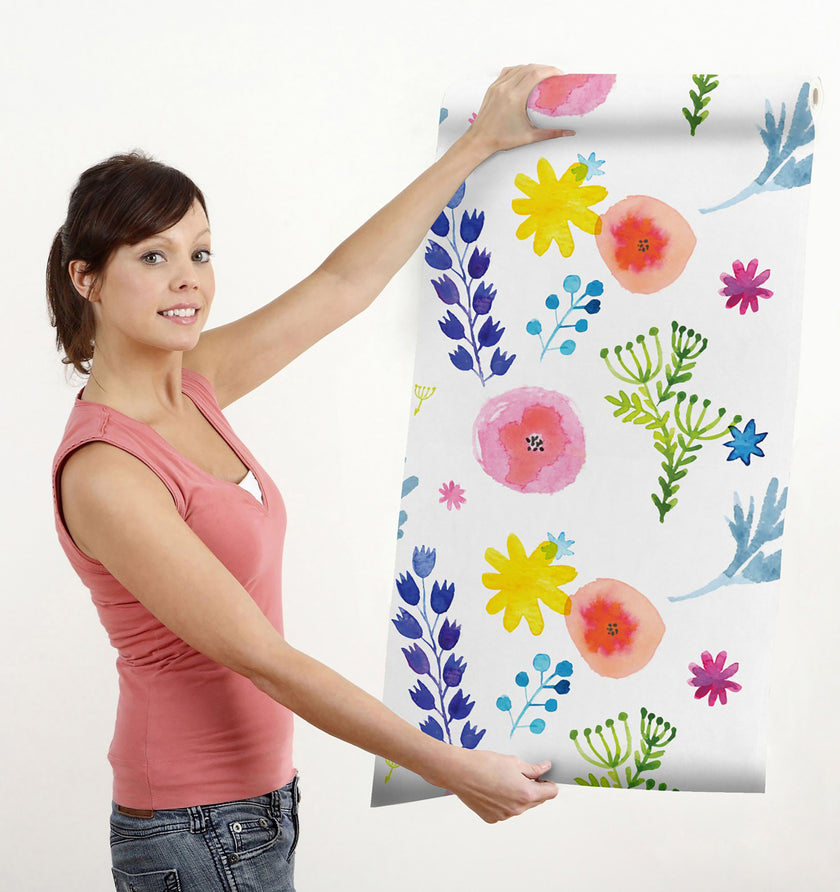 GW5121 Hand Painted Floral Peel and Stick Wallpaper Roll 19 inch Wide x 18 ft. Long Blue Green Yellow White