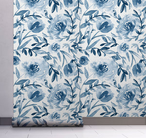 GW5131 Grace & Gardenia Watercolor Floral on Paper Peel and Stick Wallpaper Roll 19 inch Wide x 18 ft. Long, Blue