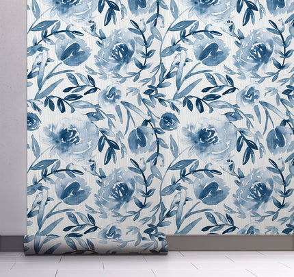 GW5131 Grace & Gardenia Watercolor Floral on Paper Peel and Stick Wallpaper Roll 19 inch Wide x 18 ft. Long, Blue