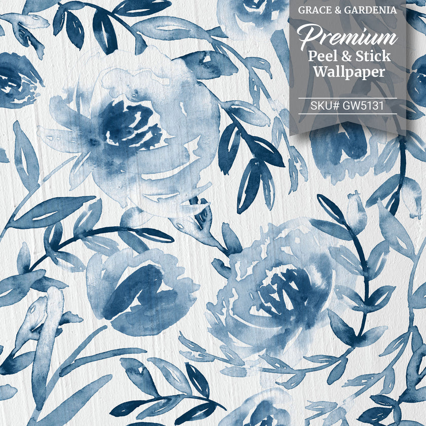 GW5131 Grace & Gardenia Watercolor Floral on Paper Peel and Stick Wallpaper Roll 19 inch Wide x 18 ft. Long, Blue