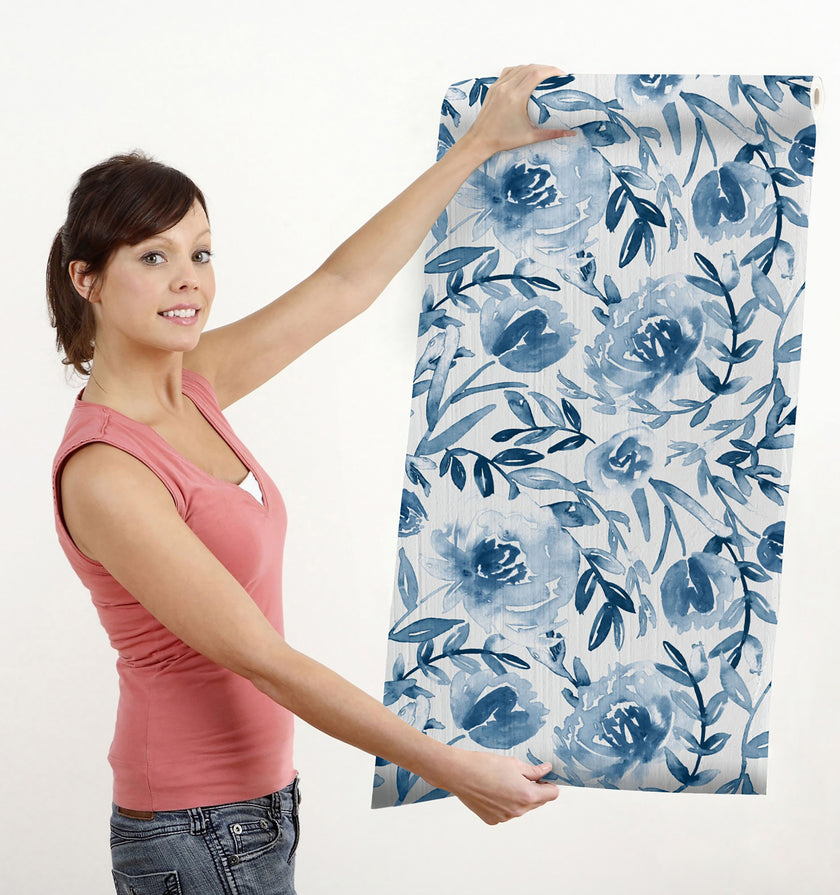 GW5131 Grace & Gardenia Watercolor Floral on Paper Peel and Stick Wallpaper Roll 19 inch Wide x 18 ft. Long, Blue