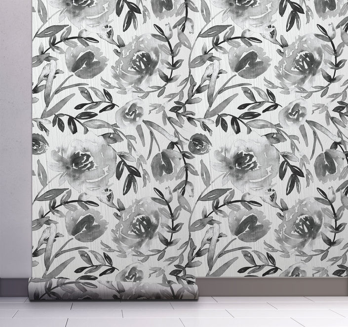 GW5132 Grace & Gardenia Watercolor Floral on Paper Peel and Stick Wallpaper Roll 19 inch Wide x 18 ft. Long Gray