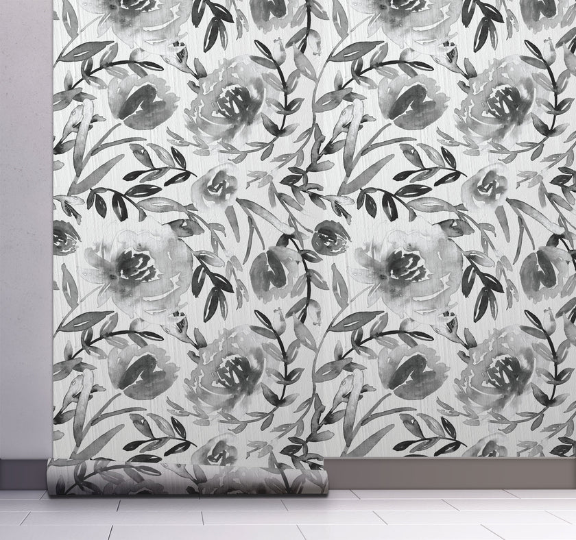 GW5132 Grace & Gardenia Watercolor Floral on Paper Peel and Stick Wallpaper Roll 19 inch Wide x 18 ft. Long Gray