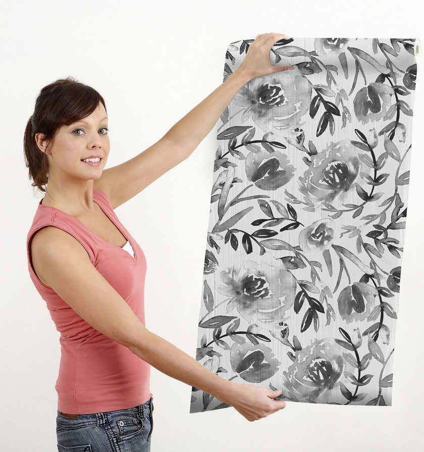 GW5132 Grace & Gardenia Watercolor Floral on Paper Peel and Stick Wallpaper Roll 19 inch Wide x 18 ft. Long Gray