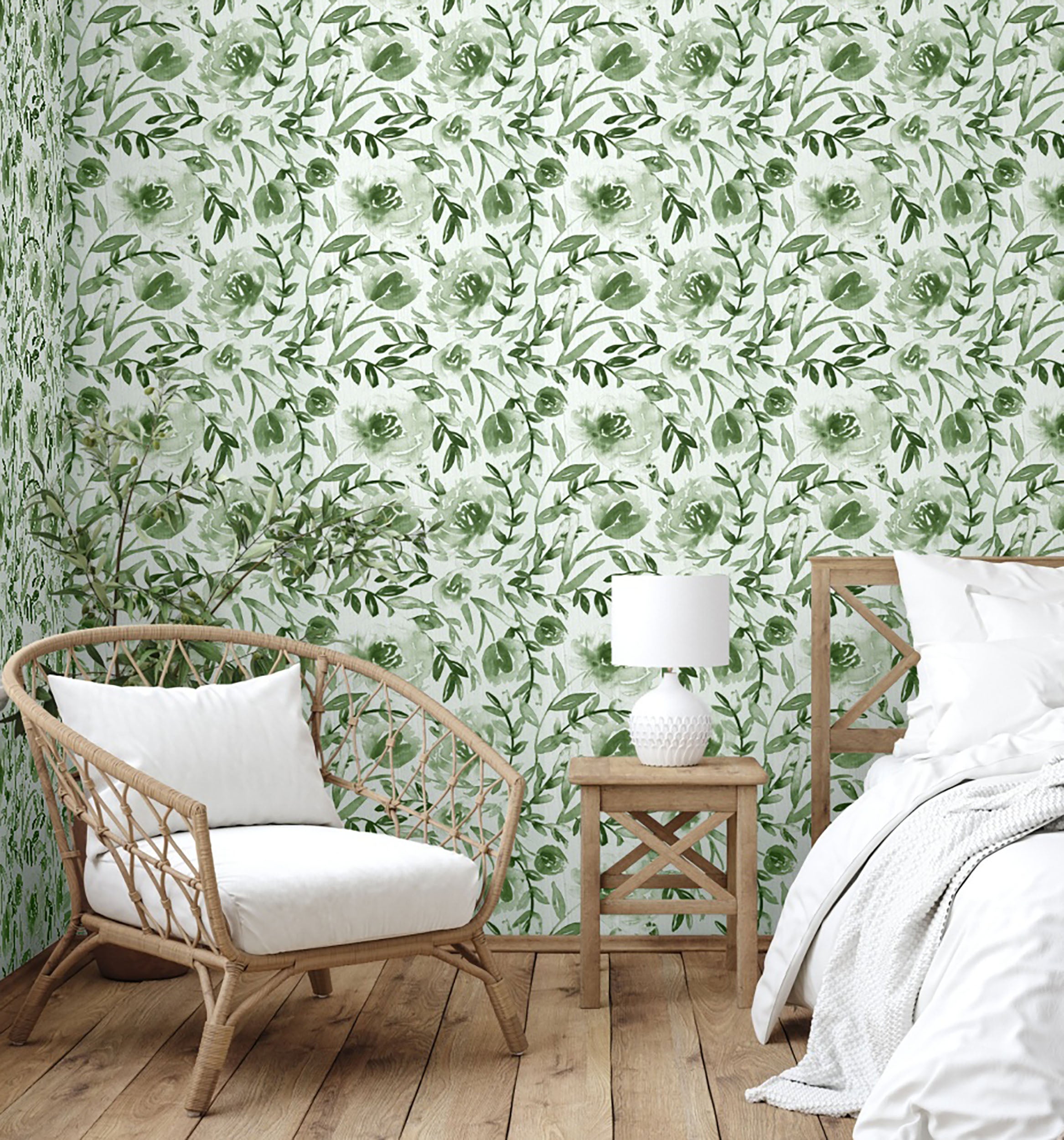 GW5133 Grace & Gardenia Watercolor Floral on Paper Peel and Stick Wallpaper Roll 20.5 inch Wide x 18 ft. Long, Green