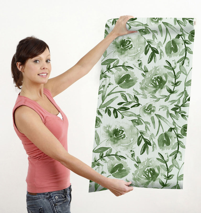GW5133 Watercolor Floral on Paper Peel and Stick Wallpaper Roll 19 inch Wide x 18 ft. Long Green