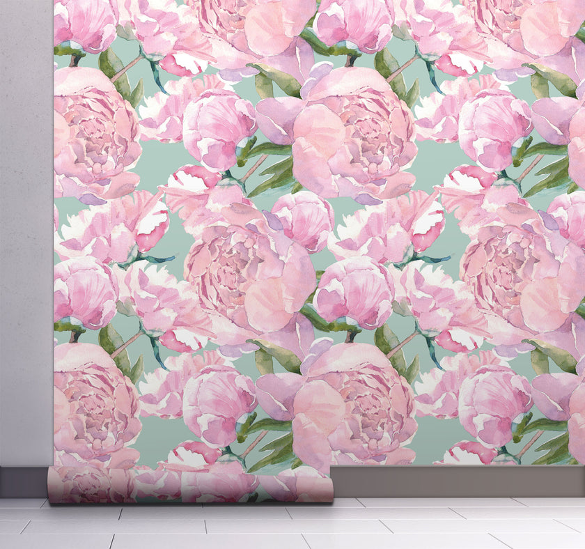 GW5141 Grace & Gardenia  Pink Watercolor Peonies Peel and Stick Wallpaper Roll 19 inch Wide x 18 ft. Long Pink Green