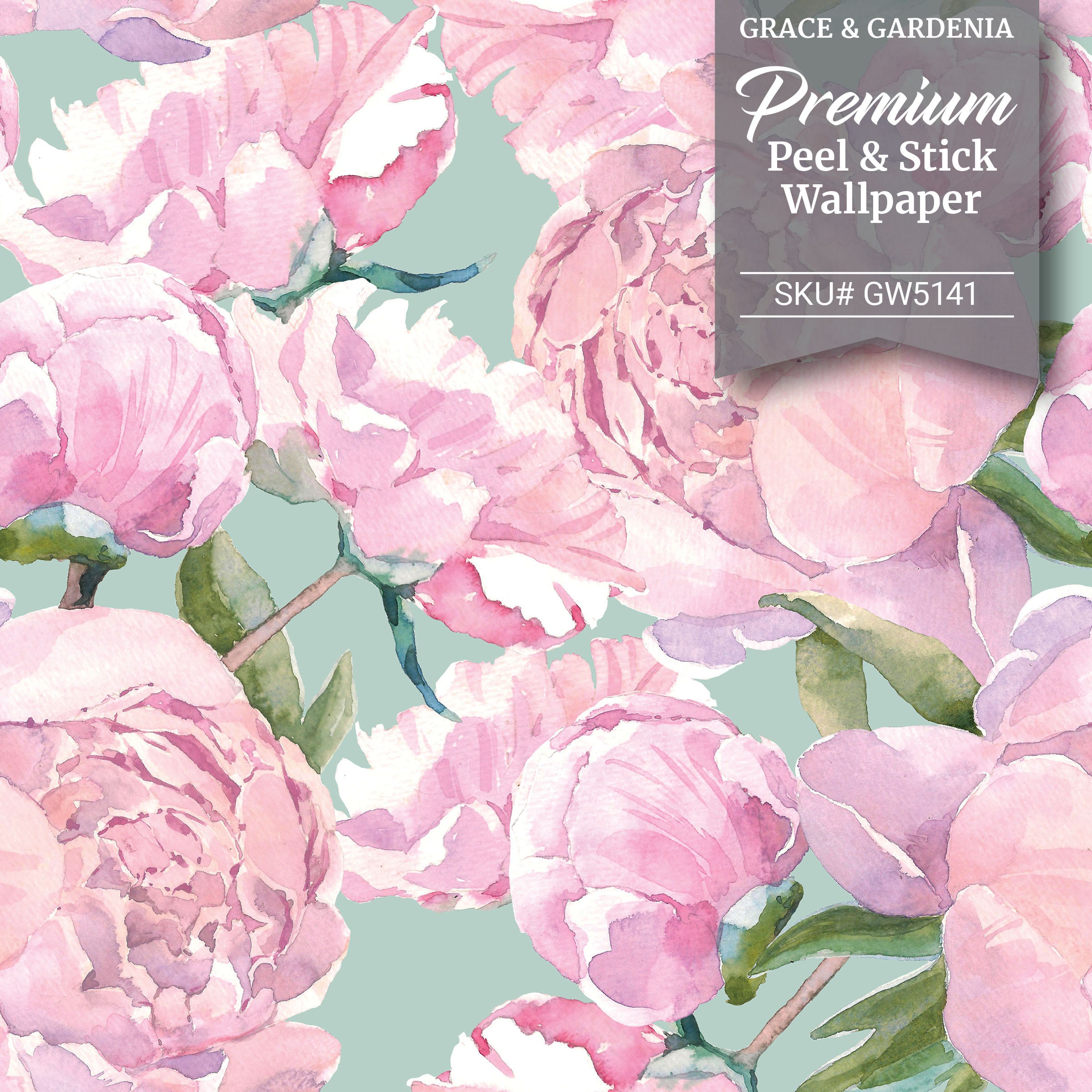 GW5141 Grace & Gardenia  Pink Watercolor Peonies  Peel and Stick Wallpaper Roll 20.5 inch Wide x 18 ft. Long, Pink Green