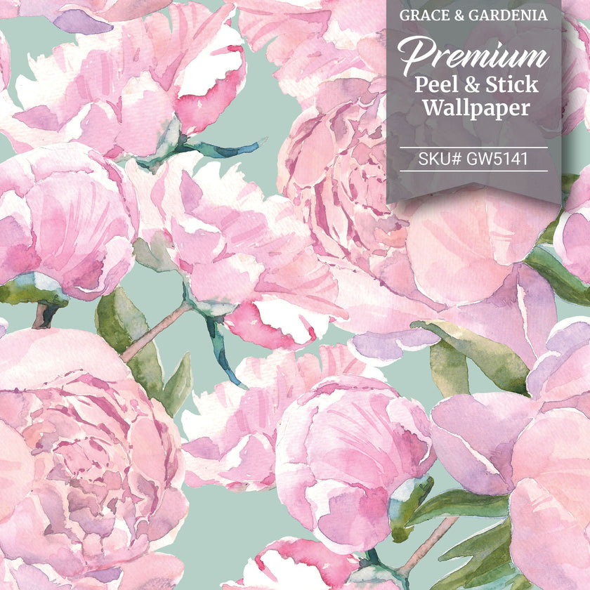 GW5141 Grace & Gardenia  Pink Watercolor Peonies Peel and Stick Wallpaper Roll 19 inch Wide x 18 ft. Long Pink Green